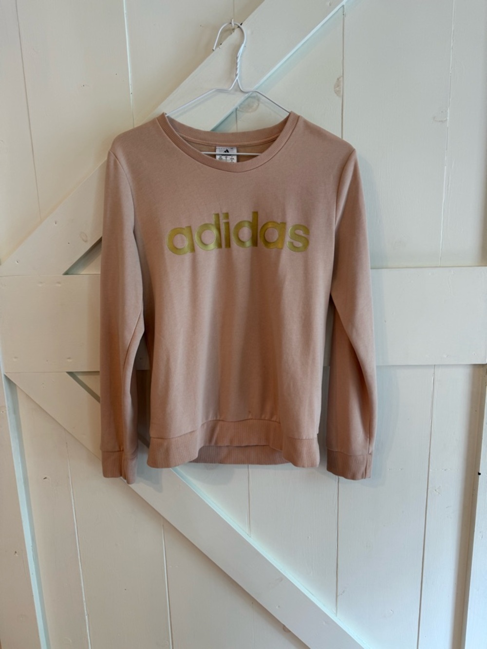 adidas Blush Pink Crewneck Sweatshirt Gold Logo Spellout Size Small